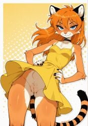 absurd_res ai_generated anthro asuka_langley_soryu black_ears black_finger_claws black_fingernails blue_eyes blush blush_lines bottomless breasts cheek_tuft choker claws clothed clothing domestic_cat dress dutch_angle facial_tuft felid feline felis female finger_claws fingernails full-length_portrait fur genitals hair hands_on_hips hi_res hip_tuft inner_ear_fluff jewelry long_hair looking_at_viewer looking_down looking_down_at_viewer mammal markings medium_breasts multicolored_body nails necklace neon_genesis_evangelion orange_body orange_fur orange_hair outline portrait presenting presenting_pussy pubes pussy raised_clothing raised_dress sassy small_waist smile smiling_at_viewer smug solo standing striped_markings striped_tail stripes swaying_hips tail tail_markings thick_outline thigh_gap tuft two_tone_body upskirt view_from_below white_outline wide_hips wind yellow_clothing yellow_dress