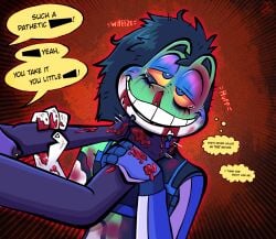 amphibian anthro asphyxiated asphyxiation black_eye_(injury) bleeding_nose blood blood_drip blood_in_mouth blood_on_face bodily_fluids bruised bruised_arm bruised_face bruised_stomach chappie_(squeakygears) choking duo extreme female female/female frog gore hair hi_res humanoid injured insult knives_(squeakygears) loving_it machine makeup mascara masochism masochist messy_hair nipple_piercing nipples nosebleed original original_character piercing robot running_makeup running_mascara secretly_loves_it smile speech_bubble squeakygears strangling tears tears_of_pleasure watermark watermarked wheezing