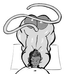 anthro ass big_butt digital_media_(artwork) duo fellatio female glistening glistening_body greyscale haplorhine hi_res human looking_at_viewer male male/female mammal monique_(pokuyuno239) monkey monochrome one_eye_closed oral penile pokuyuno239 primate sex tail thick_thighs wink winking_at_viewer
