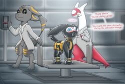 ambiguous_gender anthro ball_gag blush bodily_fluids bondage charly-sparks clothing eeveelution fan_character feral fur furry gag generation_3_pokemon generation_6_pokemon genital_fluids genitals group hi_res latex latex_clothing latias legendary_pokemon machine male milking_cum milking_machine nintendo penis_milking_machine pokemon pokemon_(species) simple_background sylveon trio