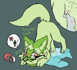 anus blush blush_lines bodily_fluids cum eyewear female feral fur gender_transformation generation_9_pokemon genital_fluids genitals glasses green_body green_fur in_heat jaki-kun_(character) mtf_transformation nintendo pokemon pokemon_(species) raised_tail rataros simple_background solo species_transformation sprigatito story story_in_description tail transformation vulva wearing_glasses x_anus