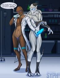 absurd_res alien animal_genitalia bioware bodily_fluids claws dialogue duo electronic_arts erection female genital_fluids genital_slit genitals hi_res holding_penis male male/female mass_effect nude penis precum standing sypherus turian vulva
