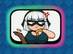 1girls angry angry_expression animated bandit bandit_(clash_royale) big_breasts blush bounce bouncing bouncing_breasts breasts breasts_focus clash_(series) clash_royale clothed clothing coins convenient_breasts dipx emote emote_(clash_royale) female female_focus female_only gif green_eyes huge_breasts jiggle jiggling jiggling_breasts loop looping_animation no_sound short_hair stealing thief white_hair