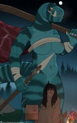 abs absurd_res anthro anthrofied aroused big_breasts blue_body blue_scales breasts bulge campfire chest_wraps club_(weapon) dinosaur duo fang_(primal) fangs female female_anthro female_on_human food full_moon genitals grin hi_res holding_object holding_weapon human human_on_anthro humanoid_genitalia humanoid_penis interspecies larger_anthro larger_female male male/female male_human male_on_anthro mammal meat melee_weapon moon muscular muscular_female muscular_human muscular_male night penis penis_base polearm prehistoric_species quangdoann reptile saurischian scales scalie scar size_difference sky smaller_human smaller_male smile spear spear_(primal) star teeth theropod tyrannosaurid tyrannosauroid tyrannosaurus tyrannosaurus_rex weapon wraps