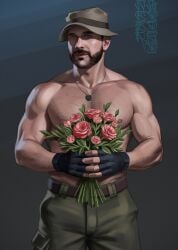 1boy activision bara beard biceps broad_shoulders bulge call_of_duty captain_price chest_hair daddy flowers john_price large_pectorals male male_only muscles muscular nipples nrdmssgs older_male partially_clothed pecs shirtless shorts solo