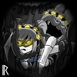 1boy 1girls artist_name artist_signature blushing_female glitch_productions heart-shaped_pupils heart-sshaped_pupils j_(murder_drones) monster monster_boy monster_fucker murder_drones n_(murder_drones) panting restrained robot robot_boy robot_girl robot_humanoid sharp_teeth silver_hair swimsuit tentacle tied_up yellow_eyes