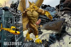 4_toes 5_fingers abs aircraft anthro avian balls beak bellowez biceps biped brown_body brown_fur building building_destruction carpo city city_background city_crushing city_destruction cityscape claws crush destruction erection feathered_wings feathers feet finger_claws fingers fur genitals gryphon helicopter house humanoid_genitalia humanoid_penis landscape_dwarfing macro macro_anthro macro_male male muscular muscular_anthro muscular_male mythological_avian mythological_creature mythology nude open_mouth outside paws pecs penis rampage sky smile smoke solo stomping tail toe_claws toes vehicle vein veiny_penis wings