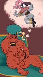 belly_dancer belly_dancer_outfit big_balls cum cuphead cuphead_(game) dick djimmi_the_great erection foreskin genie hand_over_mouth horny loodles male_only masturbation muscular