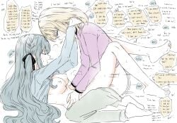 2girls absurdres bang_dream! bang_dream!_it's_mygo!!!!! barefoot black_ribbon blonde_hair blue_hair blue_shirt blush breasts closed_eyes commentary english_text futa_with_female futanari grey_pants hair_ribbon hashtag-only_commentary highres large_breasts long_hair miomujica misumi_uika multiple_girls nipples open_mouth pants purple_eyes purple_shirt ribbon sex shirt sidelocks socks sweat togawa_sakiko white_socks