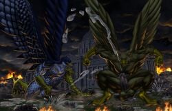4_toes abs anthro avian balls beak biceps biped bird bodily_fluids brown_body brown_fur building building_destruction carpo city city_background city_crushing city_destruction claws corvidius_(character) crush cum cum_on_ground cumshot destruction detailed_background duo ejaculation erection falcon falconid feathered_wings feathers feet finger_claws fingers fire fur genital_fluids genitals gryphon hi_res house humanoid_genitalia kain3 landscape_dwarfing macro macro_anthro macro_male male masturbation military muscular muscular_anthro muscular_male mythological_avian mythological_creature mythology night nude outside paws pecs penile penile_masturbation penis rampage sky soldier tail toe_claws toes vehicle vehicle_destruction warrior white_body wings
