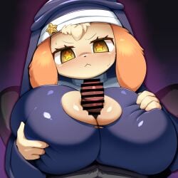 :< anthro aura big_breasts black_clothing black_dress black_nose breast_grab breast_play breasts canid canine canis cleavage clothed clothing domestic_dog dress duo female first_person_view fur genitals hand_on_breast hi_res huge_breasts human mammal nun nun_outfit obikuragetyan penis pink_aura sex star_(white_clothes) star_eyes titjob torn_clothing torn_dress white_clothes_(game) yellow_body yellow_fur