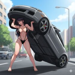1girls ai_generated belly belly_button biceps big_breasts breasts car city female female_focus female_only forced komi-san_wa_komyushou_desu komi_can't_communicate komi_shouko legs lifting lifting_car long_hair open_mouth purple_hair pussy strength vagina wheel