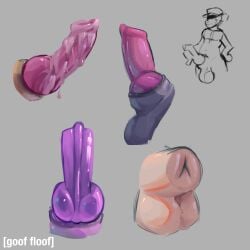 absurd_res anatomically_correct anatomically_correct_genitalia animal_genitalia bodily_fluids canid canine cum cum_drip cum_on_penis digital_media_(artwork) digital_painting_(artwork) dripping genital_fluids genitals goof_floof hi_res knot knot_in_sheath knotted_penis male mammal painting_(artwork) penis purple_penis reference_guide sheath study zero_pictured
