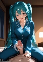 1boy ai_generated aqua_hair aqua_nails blue_nails cum female green_nails handjob hatsune_miku long_hair nail_polish penis pov solo_focus straight sunori uncensored utau very_long_hair vocaloid