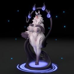 3d_(artwork) amaverse anthro areola areola_slip belly big_areola big_breasts bottomless breasts canid canine cloak clothed clothing covered_nipples curvy_figure dark_body demon digital_media_(artwork) digitigrade fangs female female_anthro fingers fire fluffy fox fur general_buta generalbuta genitals hand_on_breast haumi huge_breasts ineffective_clothing kemono magic_user mammal markings mask mostly_nude mythological_canine mythological_creature mythological_fox mythology neck_tuft nipple_outline ofuda ofuda_on_breast pasties slightly_chubby smile solo spirit standing talisman tape teeth text text_on_pasties thick_thighs translucent translucent_clothing tuft voluptuous vulva white_body