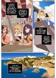 3girls big_breasts blonde-haired_female blonde_female blonde_hair breasts brown_hair chatting color comic curvy_figure disguise ellie_(impunderneath) ellie_skinsuit english_text female female_only genderswap genderswap_(mtf) impersonation imposter impunderneath long_hair long_hair_female male_in_female_body original original_character page_1 perfect_disguise possessed possession purple_hair resort skinsuit story sunglasses sunglasses_on_head