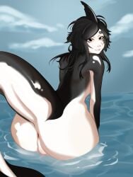 anal anthro anus artist_request ass ass_up backsack balls big_butt black_hair blackfaun cetacean dolphin femboy genitals glistening glistening_body hair hi_res long_hair male mammal marine oceanic_dolphin orca rear_view sky solo thick_thighs toothed_whale water
