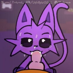 anthro bed bedroom black_eyes blurred_background blush blush_lines bodily_fluids canid canine canis catnap_(poppy_playtime) critters_(poppy_playtime) cum cum_in_mouth cum_in_nose cum_inside cum_on_face cum_on_penis dogday_(poppy_playtime) domestic_cat domestic_dog duo ears_up ejaculation felid feline felis fellatio fur furniture genital_fluids genitals knot knotted_penis long_tail male male/male mammal mob_entertainment no_humans on_bed oral orange_body orange_fur paws penile penis poppy_playtime pupils purple_body purple_fur sex smiling_critters sweat sweatdrop tail tears tears_of_pleasure text tinky url white_pupils