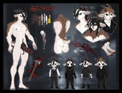 anthro axe ball_tuft big_penis black_bottomwear black_clothing black_hair black_jacket black_pants black_sweater black_topwear blood bodily_fluids bottomwear bovid brown_body brown_fur bulletproof_vest caprine character_name clothed clothing color_swatch denim denim_bottomwear denim_clothing drugs fur genitals goat hair hi_res hood horn huge_cock jacket jeans male mammal mask messy_hair model_sheet multicolored_hair necktie nude pants penis pill_bottle pills pinstripe_vest pubes solo sweater text thethinghidding topwear tuft turtleneck two_tone_hair vest viktor_(vulf-sama) white_body white_fur white_hair yellow_eyes