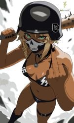 almost_naked almost_nude alternate_history angry_expression artist_name artist_signature athletic_female baseball_bat black_bikini black_choker black_nail_polish black_nails blonde_female blonde_hair boots fate/grand_order fate_(series) goth_girl green_eyes helmet looking_at_viewer m0r14rt7 middle_finger mordred_(fate) mordred_(fate/apocrypha) mordred_(swimsuit_rider) nazi neo-nazi scary_eyes shadowed_eyes skull_mask solo_female solo_focus swastika tan_body tan_skin tomboy villainess