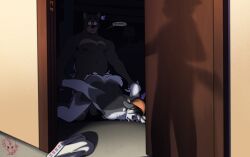 anthro arm_grab ass ass_up beanie beanie_only bear belly black_body black_fur canid canine canis caught caught_in_the_act clothing doggy_style domestic_dog door dreadlocks duo from_behind_position fur hat hat_only headgear headgear_only headwear headwear_only hi_res looking_at_viewer male male/male mammal moobs mostly_nude open_door overweight overweight_anthro overweight_male sex sinningfox tongue tongue_out