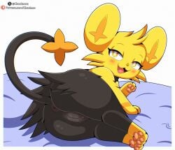absurd_res anus ass bedroom_eyes big_ears black_body black_fur blush bodily_fluids cloudeon cute_fangs fangs felid feline female feral fur generation_4_pokemon genital_fluids genitals hi_res looking_at_viewer looking_back looking_back_at_viewer mammal narrowed_eyes nintendo pawpads pokemon pokemon_(species) presenting presenting_hindquarters raised_tail seductive shinx shiny_pokemon solo tail teeth vaginal_fluids vulva yellow_body yellow_eyes yellow_fur
