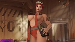 1girls 3d blizzard_entertainment breasts brigitte brown_eyes brown_hair engineer_brigitte erect_nipples female female_only looking_at_viewer overwatch partially_clothed solo tattoo temple_of_anubis_(map) the_halfmexican