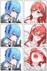 2girls black_gloves blue_choker blue_eyes blue_hair blush choker closed_eyes collarbone commentary dress earrings female_orgasm gloves green_eyes grey_dress hair_ornament hairband hairclip highres hololive hoshimachi_suisei implied_fingering jewelry kurokawa_rikuu long_hair multiple_girls necklace one_side_up open_mouth orgasm partially_fingerless_gloves pink_hair plaid_clothes plaid_dress pussy_juice pussy_juice_on_fingers sakura_miko saliva smile symbol-only_commentary virtual_youtuber white_hairband yuri