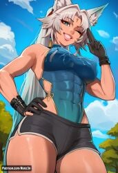 abs ai_generated animal_ears artist_name breasts english feixiao_(honkai:_star_rail) female female_only fox_ears fox_girl gloves green_eyes gym_shorts hi_res high_ponytail high_resolution highres honkai:_star_rail jewelry long_hair multicolored_hair patreon patreon_url ponytail renz3n salute shorts tight_clothing toned toned_female watermark white_hair wink