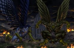 4_toes abs anthro avian balls beak biceps biped bird brown_body brown_fur building building_destruction carpo city city_background city_crushing city_destruction claws corvidius_(character) crush destruction detailed_background duo erection falcon falconid feathered_wings feathers feet finger_claws fingers fire fur genitals gryphon hi_res house humanoid_genitalia kain3 landscape_dwarfing macro macro_anthro macro_male male masturbation military muscular muscular_anthro muscular_male mythological_avian mythological_creature mythology night nude outside paws pecs penile penile_masturbation penis rampage sky soldier tail toe_claws toes vehicle vehicle_destruction warrior white_body wings