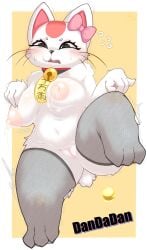 absurd_res anthro areola bell bell_collar big_breasts black_eyes black_nose blush blush_lines bodily_fluids border bow_on_head breasts clothing collar dandadan domestic_cat eyelashes felid feline felis female front_view fur grey_clothing grey_legwear hi_res lactating legwear legwear_only mammal maneki-neko milk milkteafox nipples nude pink_areola pink_bow pink_nipples simple_background solo sweat thick_thighs turbo_granny_(dandadan) whiskers white_body white_border white_fur wide_hips yellow_background