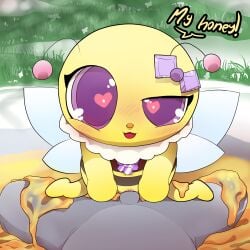 antennae_(anatomy) anthro arthropod bee charotte_(jewelpet) digital_media_(artwork) duo female female_on_top food genitals godforgiveme4 grass heart_eyes heart_symbol hi_res honey_(food) hymenopteran insects jewelpet male male/female neck_tuft nude on_top open_mouth penetration penis plant purple_eyes sanrio sega_fave sex text tuft two_toned_body vulva wings