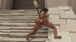 1girls 3d anal asp_pharah black_hair blizzard_entertainment dark-skinned_female egyptian feet female female_only improvised_sex_toy looking_back masturbation overwatch pharah pubic_hair pussy soles solo temple_of_anubis_(map) thehounde