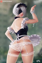 1girls ass female female_only looking_at_viewer looking_back maid maid_headdress maid_uniform nier nier:_automata panties prywinko solo thighhighs yorha_2b