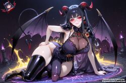 ai_generated big_bulge demon demon_girl demon_horns demon_tail dress fangs fire glasses huge_breasts huge_bulge luxvyne luxvyne_(character) red_eyes succubus vampire wide_hips