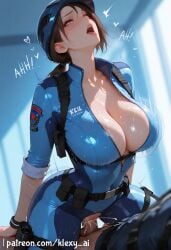 1boy 1girls ai_generated biohazard blue_eyes blush brown_hair capcom cleavage clothing cum cum_in_pussy cum_inside female female_focus female_on_cloth female_on_top grabbing heart heart_symbol hi_res hips_grab indoors jill_valentine klexyai light_skin lipstick male open_mouth penis penis_in_pussy police police_uniform resident_evil short_hair side_view uncensored uncomfortable uniform watermark wide_hips