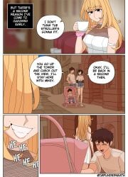 1girls big_breasts blonde-haired_female blonde_female blonde_hair breasts color comic couple curvy_figure disguise ellie_(impunderneath) ellie_skinsuit english_text evil_grin female genderswap genderswap_(mtf) imposter impunderneath long_hair long_hair_female male male_in_female_body original original_character perfect_disguise possessed possession resort skinsuit