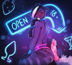 anthro bear benzimit black_body black_fur black_hair blue_bracelet blue_collar blush bodily_fluids bracelet clothing collar duo erection eyelashes femboy fishnet_clothing fishnet_panties fishnet_underwear fur genital_fluids genitals hair hi_res hot_dogging humanoid_genitalia humanoid_penis jewelry looking_at_genitalia looking_at_penis looking_back male male/male mammal markings multicolored_hair neon panties penis pink_clothing pink_eyes pink_panties pink_penis pink_underwear precum precum_on_penis sex short_hair short_tail sitting_on_another smile striped_markings stripes tail thick_thighs two_tone_hair underwear vein veiny_penis white_hair