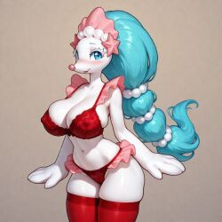 1girls ai ai_generated anthro belly_button big_breasts blue_eyes blush bra breasts cute female frosting.ai generation_7_pokemon legwear light_blue_hair long_hair looking_at_viewer mermaid nintendo nipple_outline non_nude panties pink_nose pokemon pokemon_(species) primarina red_bra red_legwear red_lingerie red_panties red_underwear standing thighs underwear white_body white_eyelashes
