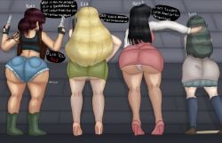 arm_tattoo ass_chart big_ass black_lagoon black_tank_top blonde_hair boots brown_hair daisy_dukes eda fingerless_gloves genderbent green_skirt heels high_heels holding_object holding_weapon holster huge_ass karlometer long_hair office_clothing office_lady okajima_rokuro panties ponytail rebecca_lee revy revy_(black_lagoon) rule_63 shorts skirt tanktop tattoo thick_thighs weapon yukio_washimine