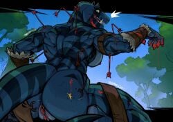 2026 5_fingers abstract_background anthro anthrofied anus arms_bent arrow_in_arm ass back_muscles bare_shoulders big_breasts big_butt biped blood blood_on_clothing blood_on_face blood_on_hand blood_splatter blue_claws bodily_fluids bottomwear breast_squish breasts brown_bottomwear brown_clothing brown_loincloth claws clenched_teeth clothed clothing countershade_neck countershade_scales countershade_torso countershading dark_body dark_scales dated digital_drawing_(artwork) digital_media_(artwork) dinosaur fang_(primal) female finger_claws fingers fist genitals glistening glistening_breasts glistening_eyes green_body green_scales green_sclera hi_res humanoid_hands inugatami loincloth looking_at_viewer multicolored_body multicolored_scales muscular muscular_anthro muscular_arms muscular_female muscular_thighs navel no_irises non-mammal_breasts nude nude_anthro nude_female o-ring o-ring_bottomwear o-ring_loincloth pose prehistoric prehistoric_species primal_(series) pupils reptile saurischian scales scalie sharp_teeth shocked signature skimpy snout solo squish standing tail teeth text theropod thick_neck thick_thighs topwear tribal tusks tyrannosaurid tyrannosauroid tyrannosaurus tyrannosaurus_rex vulva wardrobe_malfunction white_body white_countershading white_scales wounded