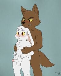 anthro barry_o'hera blush brawn_wyers brown_body canid canine canis doomlazy27 duo erection eyebrows genitals glans hare hi_res lagomorph leporid male male/male mammal nude penis rabbit red_eyes romantic simple_eyes size_difference tail white_body wolf yellow_sclera