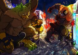 4_toes 5_fingers abs accipitrid accipitriform anthro avian balls balls_outline beak bearded_vulture biped bird boxer_briefs brown_body brown_fur building building_destruction bulge carpo city city_background city_crushing city_destruction cityscape claws clothing destruction detailed_bulge duo erection erection_under_briefs erection_under_clothing extreme_size_difference feathered_wings feathers feet finger_claws fingerless_gloves fingers fire fur genital_outline genitals gloves gryphon handwear hi_res house landscape_dwarfing light macro macro_anthro macro_male male muscular muscular_anthro muscular_male mythological_avian mythological_creature mythology night nude old_world_vulture open_mouth outside pawpads paws pecs rampage river sergey_(abiki) ship size_difference sky smile stomping tail tatugon toe_claws toes underwear vehicle vehicle_destruction vulture watercraft wings