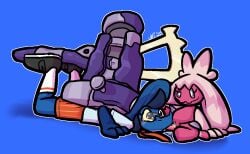 2026 anthro black_clothing black_footwear black_shoes blue_body blue_clothing blue_hair blue_hat blue_headwear blue_scales bottomwear clothed clothed_male clothing cunnilingus dominant dominant_female dominant_humanoid duo female footwear fully_clothed generation_9_pokemon hair hammer hat headgear headwear holding_object holding_weapon humanoid legs_up lizard lying male necktie nintendo nude on_front oral orange_bottomwear orange_clothing orange_shorts pink_body pink_hair pokemon pokemon_(species) purple_eyes purple_sclera red_clothing red_footwear red_necktie red_socks reptile scales scalie sex shoes shorts size_difference small_dom_big_sub socks submissive submissive_anthro submissive_male tinkaton tongue tongue_out tools ulti_(ultilix) ultilix vaginal_penetration weapon white_clothing white_eyes white_footwear white_shoes white_socks yellow_sclera