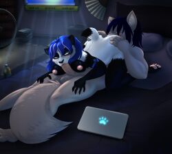 69_position anthro areola ass balls bear bed blush bodily_fluids breasts butt_grab canid canine canis closed_eyes computer cunnilingus digital_media_(artwork) duo electronics english_text erection feet fellatio female female_penetrated fingers fur furniture genital_fluids genitals giant_panda hair half-closed_eyes hand_on_butt hi_res laptop linda_lyn lying male male/female male_penetrating male_penetrating_female mammal moltsi narrowed_eyes nipples nude on_back on_bed open_mouth oral oral_penetration pawpads penetration penile penis saliva saliva_on_penis sex tail text toes tony_meahcci vaginal_penetration wolf