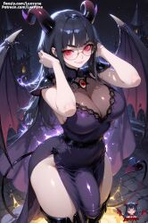 ai_generated big_bulge demon demon_girl demon_horns demon_tail dress fangs fire glasses glowing_eyes huge_breasts huge_bulge luxvyne luxvyne_(character) red_eyes succubus vampire wide_hips