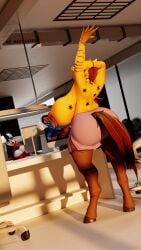 absurd_res anthro ass back_tattoo bear big_breasts big_butt blender_(artwork) blender_cycles_(artwork) bottomwear bracelet breasts clothed clothing digital_media_(artwork) duo ear_piercing ear_ring equid equine faye_(mrmeatlovers) female giant_panda hi_res hooves horse huge_breasts hyper inside jewelry legwear mammal mrmeatlovers necklace nipple_mouth office open_mouth orange_body pencil_skirt piercing qi_(scraggy) ring_piercing skirt stockings stretching stripes tail tattoo topless yawn