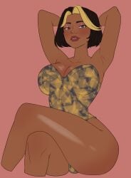 1girls 2026 2d 2d_(artwork) armpits arms_up big_breasts bimbo bimbo_lips blonde_hair blush breasts breasts_bigger_than_head brown_eyes brown_skin brunette_hair cleavage corset crossed_legs dark-skinned_female dark_skin domina female female_only heart-shaped_pupils hourglass_figure human human_only large_breasts looking_at_viewer nyxlm overwatch pink_background questionable short_hair simple_background sketch solo solo_female