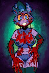 blood blood_splatter bodily_fluids female gore hi_res humanoid insane knives_(squeakygears) machine nipple_piercing nipples piercing robot robot_humanoid solo squeakygears yellow_eyes