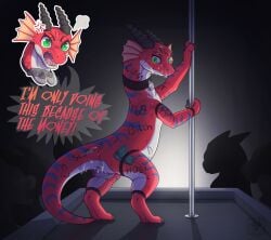 angels_with_scaly_wings anna_(angels_with_scaly_wings) anus ass bodily_fluids claws clothing collar cum cum_on_butt cum_on_face dancing dinosaur dromaeosaurid english_text female feral fishnet_clothing fishnet_legwear genital_fluids genitals green_eyes group hi_res horn legwear male male/female n1k0 pole pole_dancing prehistoric_species red_body reptile saurischian scalie smile speech_bubble stripper stripper_pole tail text theropod vulva